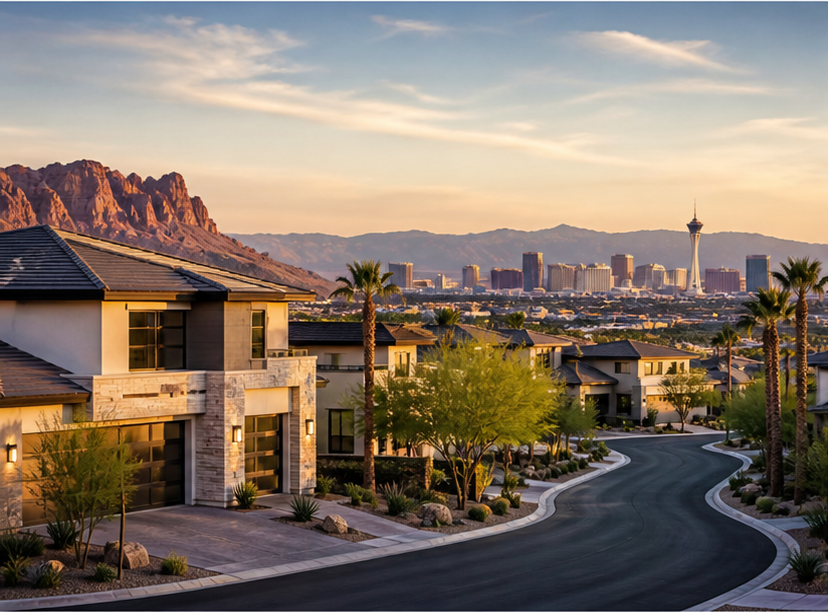 Editorial visual of a Las Vegas luxury residential street at sunset with desert mountains and the Strip skyline — illustrative, not an actual listing.