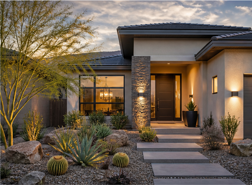 Editorial visual of a staged desert-modern Las Vegas home exterior at dusk — illustrative Las Vegas real estate imagery, not an actual listing.